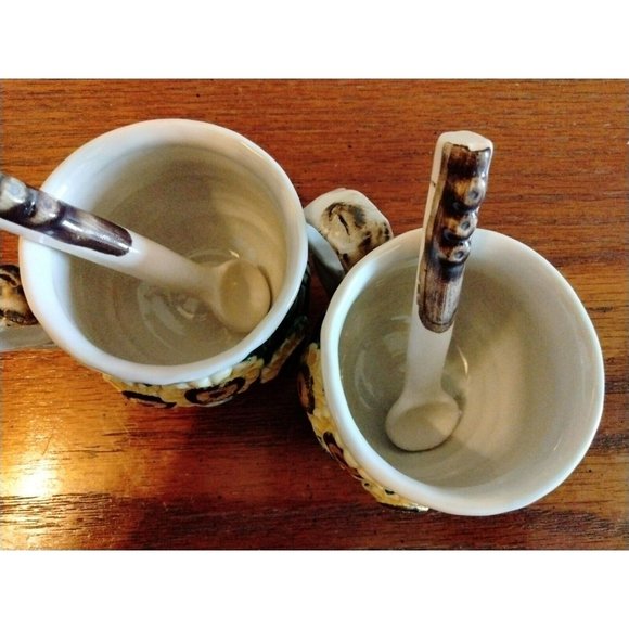 2 Sunflower Coffee Tea Cups Mugs Spoons Handmade Glazed Pottery Studio Crafted - Picture 6 of 11